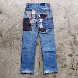 blue overstitched jeans
